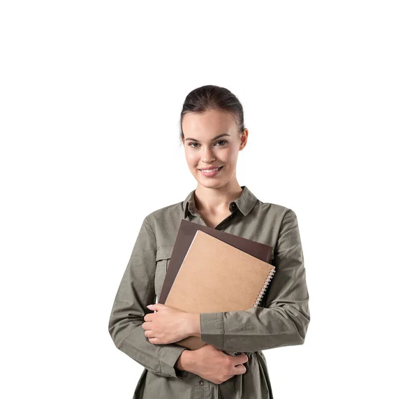 Isolated Portrait Beautiful Young Businesswoman Standing Folder Concept Paperwork — Stock Photo, Image