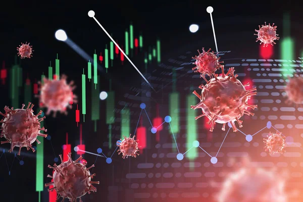 Digitala Grafer Och Covid Över Röd Bakgrund Begreppet Coronavirus Pandemi — Stockfoto