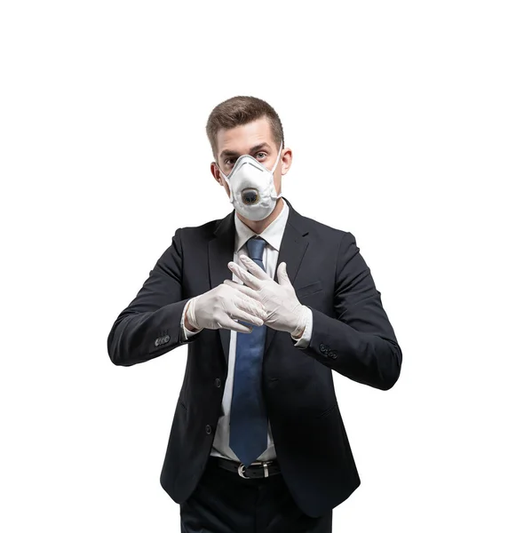 Isolated Portrait Young European Businessman Wearing Protective Mask Putting Rubber — Stock Photo, Image