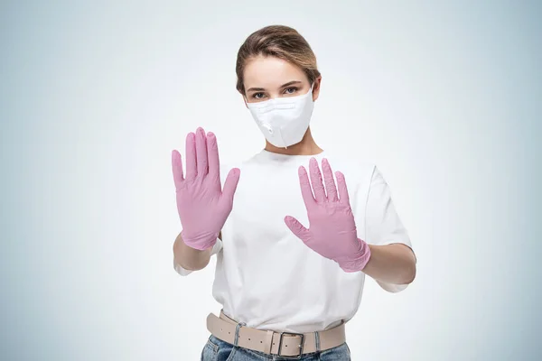 Portrait Young European Woman Mask Pink Rubber Gloves Showing Stop — Stock Photo, Image