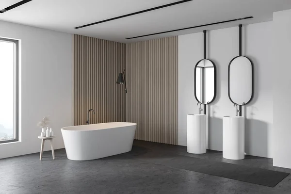 Corner Modern Bathroom White Wooden Walls Concrete Floor Comfortable Bathtub — Stock Photo, Image