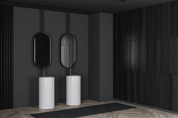 Esquina Elegante Baño Con Paredes Color Gris Oscuro Suelo Madera —  Fotos de Stock