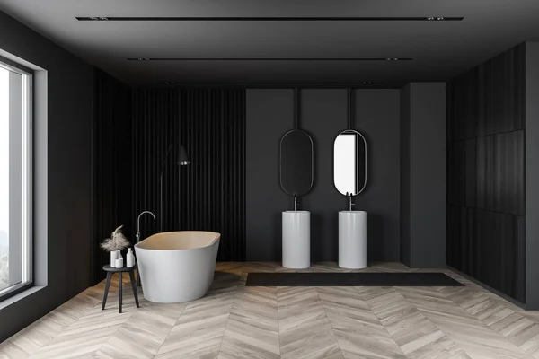 Interior Elegante Cuarto Baño Con Paredes Color Gris Oscuro Suelo — Foto de Stock