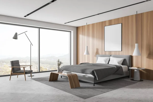 现代主卧室的角落 有白色和木制墙壁 混凝土地面 舒适的国王尺寸床 扶手椅和模拟海报 3D渲染 — 图库照片