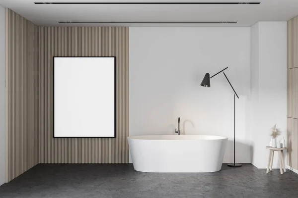 Interior Modern Bathroom White Wooden Walls Concrete Floor Comfortable Bathtub — Stock Photo, Image