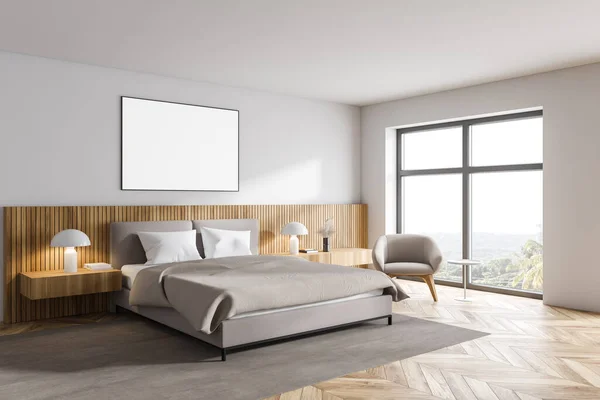 Sudut Kamar Tidur Modern Dengan Dinding Putih Lantai Kayu Tempat — Stok Foto