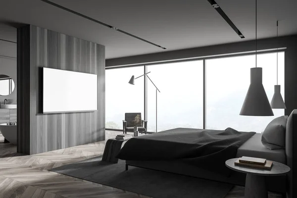 风格时尚的主卧室角落 有灰色和木制墙壁 木制地板 舒适的国王尺寸床 扶手椅和模拟海报 墙上的电视机是假的 3D渲染 — 图库照片
