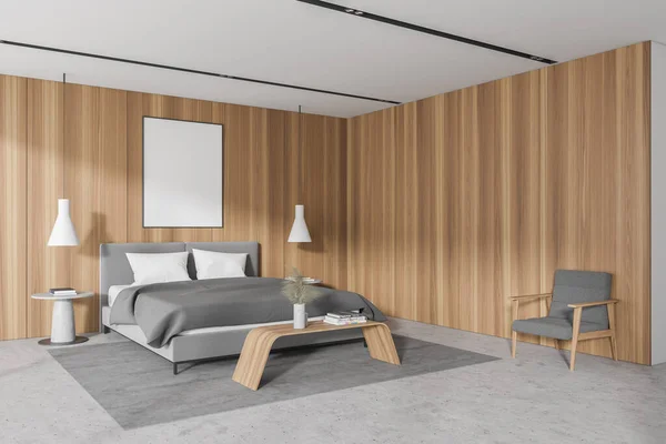 Modern Ana Yatak Odasının Köşesi Ahşap Duvarlar Beton Zemin Rahat — Stok fotoğraf