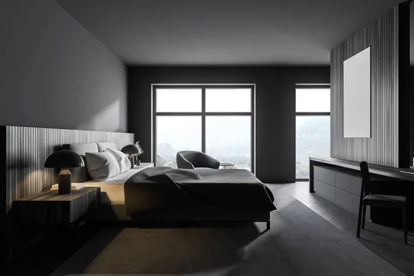 グレーの壁 コンクリートの床 快適なキングサイズベッドとアームチェア付きのスタイリッシュなベッドルームのサイドビュー 3Dレンダリング — ストック写真