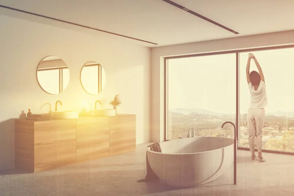 Rear View Young Woman Pajamas Standing Modern Bathroom White Walls — Stock Photo, Image