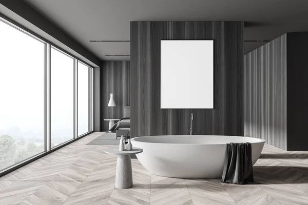 Interior Banheiro Moderno Com Paredes Cinza Madeira Piso Madeira Banheira — Fotografia de Stock