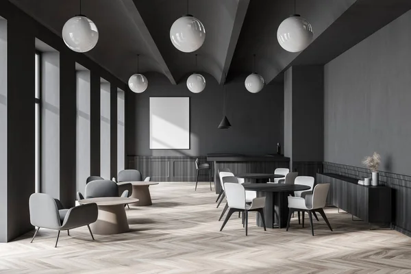 有灰色墙壁 木制地板 圆形桌子和白色椅子的时尚餐厅的内部 模仿海报 3D渲染 — 图库照片
