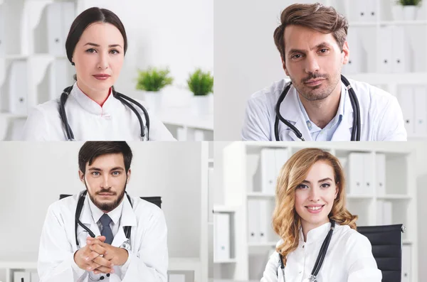 Portrety Czterech Lekarzy Mających Wideokonferencję Koncepcja Technologii Telemedycyny — Zdjęcie stockowe