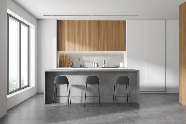 白と木製の壁 コンクリートの床とスツール付きのバーとモダンなキッチンのインテリア 3Dレンダリング — ストック写真