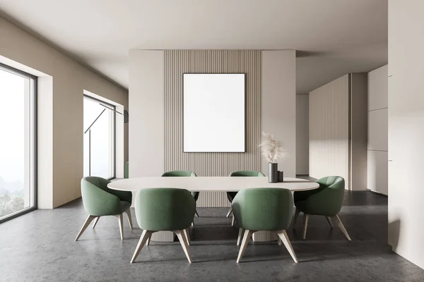 흰색과 현대식 식당의 콘크리트 의자가 포스터등이 렌더링 — 스톡 사진