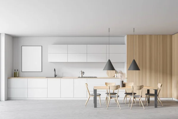Interior Cocina Moderna Con Paredes Blancas Madera Suelo Hormigón Mesa — Foto de Stock