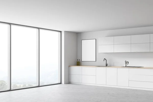 Corner of panoramic kitchen with white walls, concrete floor, white cupboards and mock up poster. 3d rendering