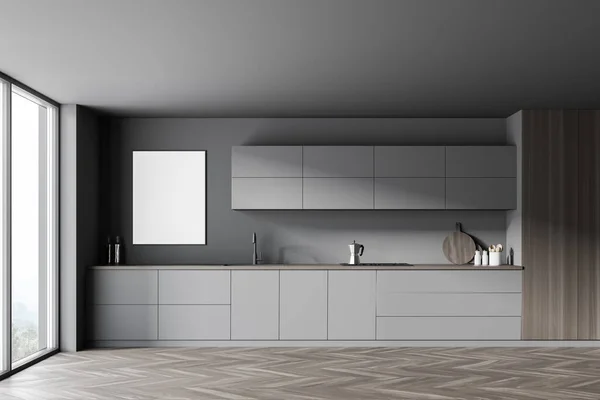 Interieur Der Modernen Küche Mit Grauen Und Hölzernen Wänden Holzboden — Stockfoto