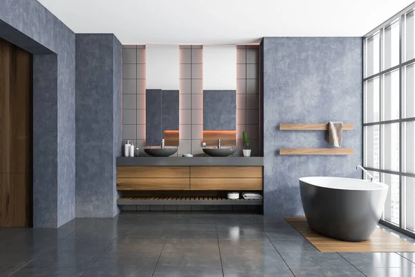 Interior Stylish Bathroom Concrete Walls Tiled Floor Comfortable Bathtub Double — Stock Photo, Image