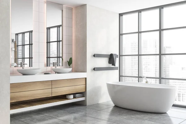 现代浴室的拐角处 有白色的墙壁 铺了瓷砖的地板 舒适的浴缸和双层水池 3D渲染 — 图库照片