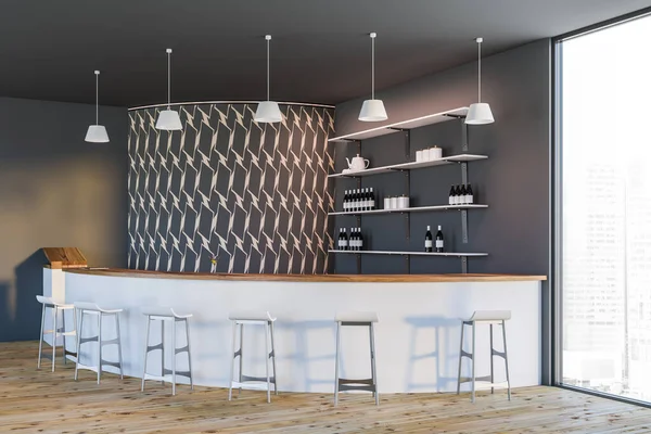 Gri ve beyaz duvarları olan modern yuvarlak barın köşesi, ahşap zemin, beyaz bar tezgahı ve beyaz sandalyeler. Küçük işletme kavramı. 3d oluşturma