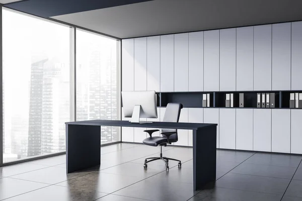 Corner Stylish Panoramic Ceo Office White Gray Walls Tiled Floor — Stock Photo, Image