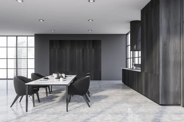 Seitenansicht Der Modernen Küche Mit Grauen Wänden Betonboden Grauen Schränken — Stockfoto