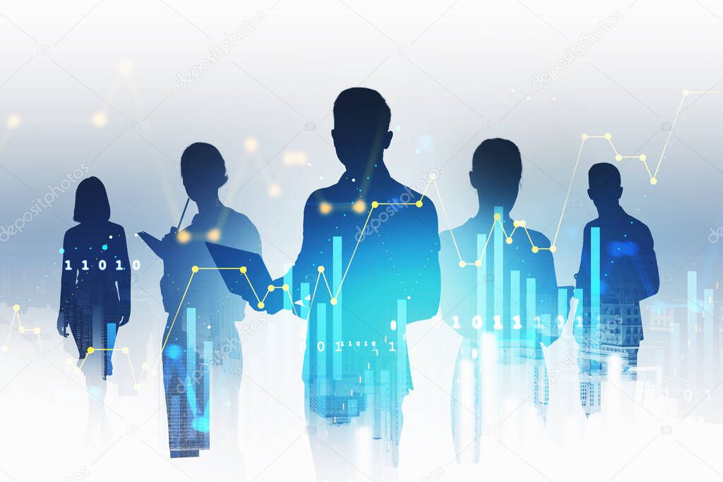 Silhouettes of business people over blurry background with double exposure of graphs. Toned image