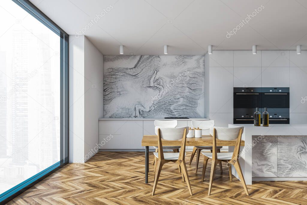 Interior of panoramic kitchen with white marble walls, wooden floor, bar with chairs and two ovens. 3d rendering