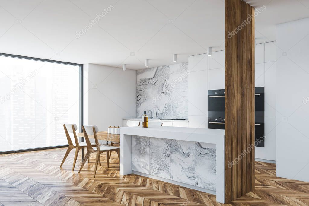 Corner of panoramic kitchen with white marble walls, wooden floor, bar with chairs and two ovens. 3d rendering