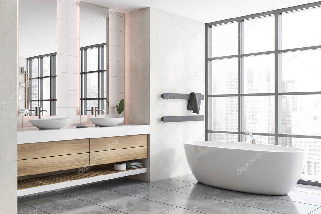 Corner of modern bathroom with white walls, tiled floor, comfortable bathtub and double sink. 3d rendering