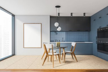 Beyaz ve mavi duvarları olan şık mutfakların, döşemeleri döşemeli, mavi dolaplar eşyalar ve sandalyeli yuvarlak yemek masası. Dikey maket posteri. 3d oluşturma