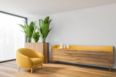 Beyaz duvarları, ahşap zemini, sarı koltuğu ve dolabı olan şık bir oturma odası. 3d oluşturma