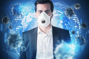 Koruyucu maskeli genç Avrupalı iş adamının portresi mavi arka planda, gezegen ve mavi koronavirüsle duruyor. Tonlanmış görüntü. Bu görüntünün elementleri NASA tarafından desteklenmektedir