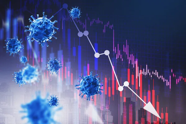 Minskande Grafer Och Covid Över Blå Bakgrund Begreppet Coronavirus Pandemi — Stockfoto