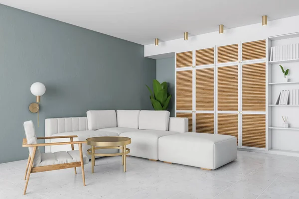 Corner Stylish Living Room Gray White Walls Concrete Floor White — Stock Photo, Image
