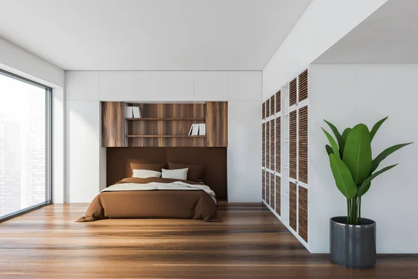 Interieur Van Stijlvolle Master Bedroom Met Whtie Donkere Houten Muren — Stockfoto