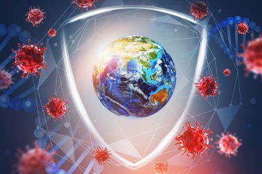 Etrafında kalkan ve kırmızı koronavirüsle Dünya gezegeni. Covid 19 pandemik koruma kavramı. 3D görüntüleme. Bu görüntünün elementleri NASA tarafından desteklenmektedir