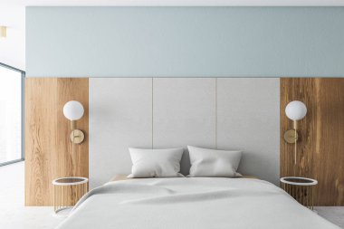 Beyaz ve ahşap duvarları, beton zemini ve rahat kral yatağı olan şık bir yatak odası. 3d oluşturma