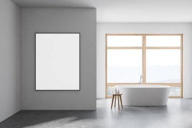 Beyaz duvarları, beton zemini, rahat küveti ve bulanık manzaralı üç penceresi olan şık bir banyo. Duvarda dikey maket posteri var. 3d oluşturma