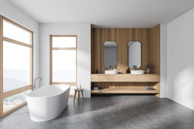 Beyaz ve ahşap duvarları, beton zemini, rahat küveti ve iki dikey aynalı çift lavabosu olan şık bir banyonun yan görüntüsü. 3d oluşturma