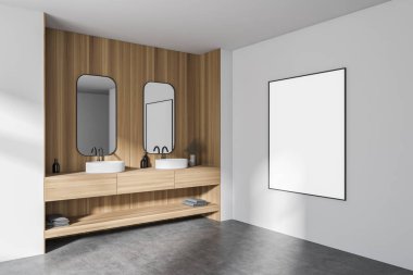 Beyaz ve ahşap duvarları olan şık bir banyonun köşesi, beton zemin ve iki dikey aynalı çift lavabo. Duvarda dikey maket posteri var. 3d oluşturma
