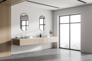 Beyaz ve ahşap duvarları, beton zemini ve oval aynaları olan çift lavabolu geniş banyonun köşesi. 3d oluşturma