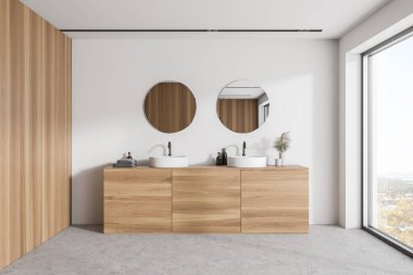 Beyaz duvarları, beton zemini, çift lavabosu ve iki yuvarlak aynası olan şık bir banyo. Bulanık görüşlü bir pencere. 3d oluşturma