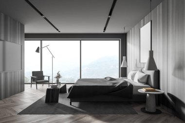 Gri ve ahşap duvarları, ahşap zemini, rahat kral yatağı, koltuğu ve sahte posteri olan şık bir yatak odası. Duvarda televizyon var. 3d oluşturma