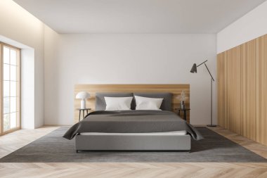 Beyaz ve ahşap duvarları, ahşap zemini ve rahat kral yatağı olan şık, minimalist ana yatak odasının içi. 3d oluşturma
