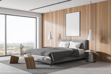 Modern yatak odasının köşesinde beyaz ve ahşap duvarlar, beton zemin, rahat kral yatağı ve sahte posterler var. 3d oluşturma