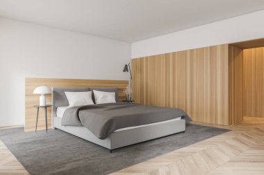 Corner of stylish minimalistic master bedroom with white and wooden walls, wooden floor and comfortable king size bed. 3d rendering clipart