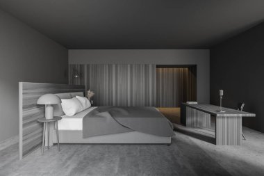 Gri ve ahşap duvarları, beton zemini ve rahat kral yatağı olan modern minimalist ana yatak odası. Merkez ofis. 3d oluşturma