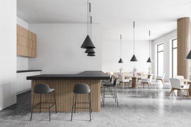 Beyaz ve ahşap duvarları, beton zemini, beyaz sandalyeli yuvarlak masaları ve tezgahı olan şık bir barın yan görüntüsü. 3d oluşturma